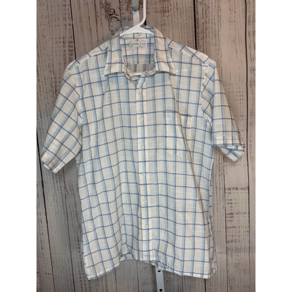 Career Club Men’s Shirt Medium Button Up Short Sleeve Blue White Plaid Made USA